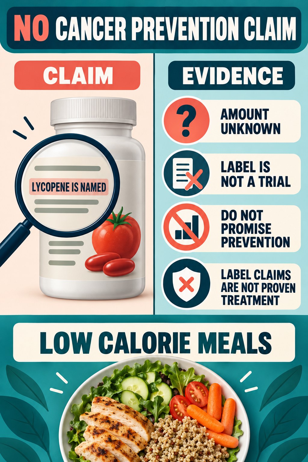 Lycopene on a Seller List Does Not Prove Cancer Prevention prostate supplement label-literacy infographic for Low Calorie Meals with four careful reading points.