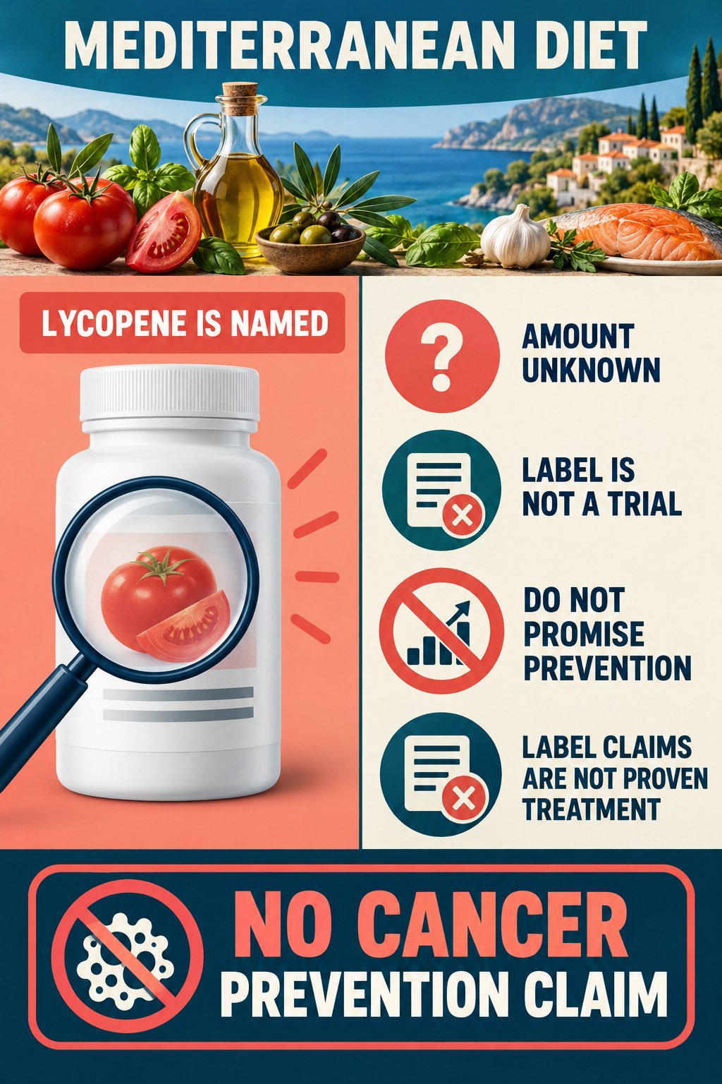 Lycopene on a Seller List Does Not Prove Cancer Prevention prostate supplement label-literacy infographic for Mediterranean Diet with four careful reading points.