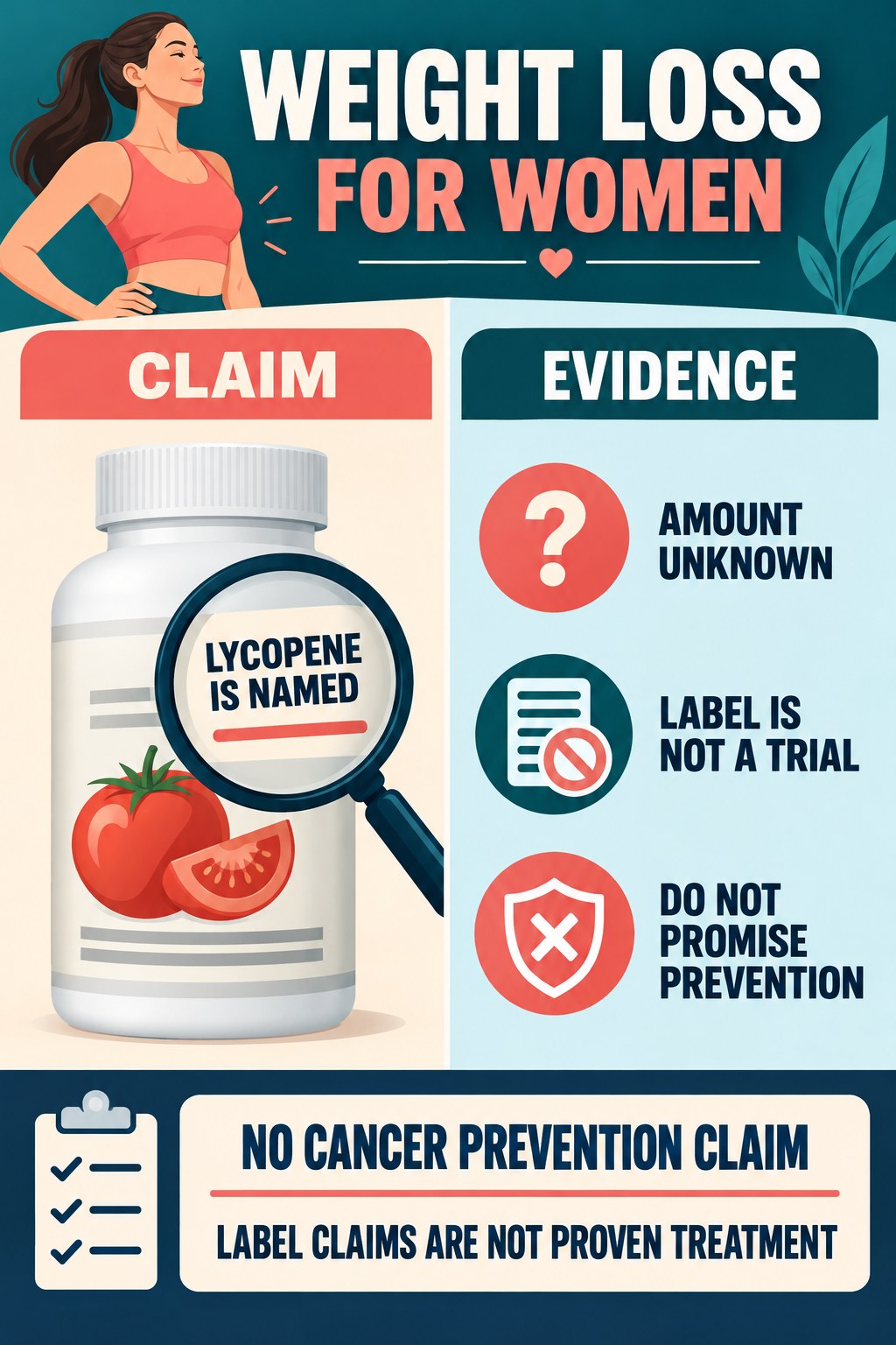 Lycopene on a Seller List Does Not Prove Cancer Prevention prostate supplement label-literacy infographic for Weight Loss for Women with four careful reading points.