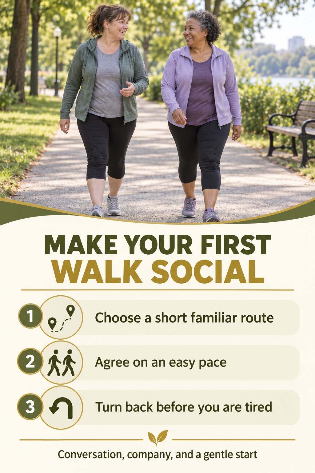 Two friends walk comfortably on a flat park path above an olive and gold checklist for a short social beginner walk.