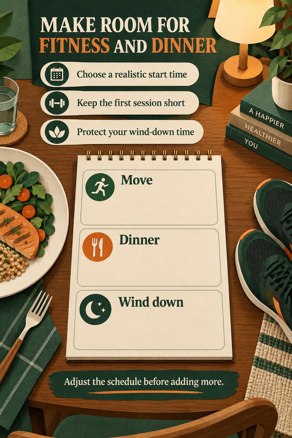 A green evening planner shows Move, Dinner, and Wind down alongside a meal, shoes, and a lamp.