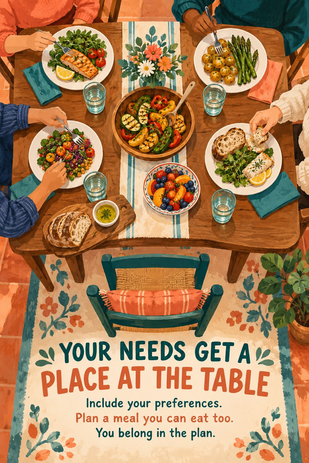 Illustrated family table with four distinct place settings and a reminder to include your own needs.