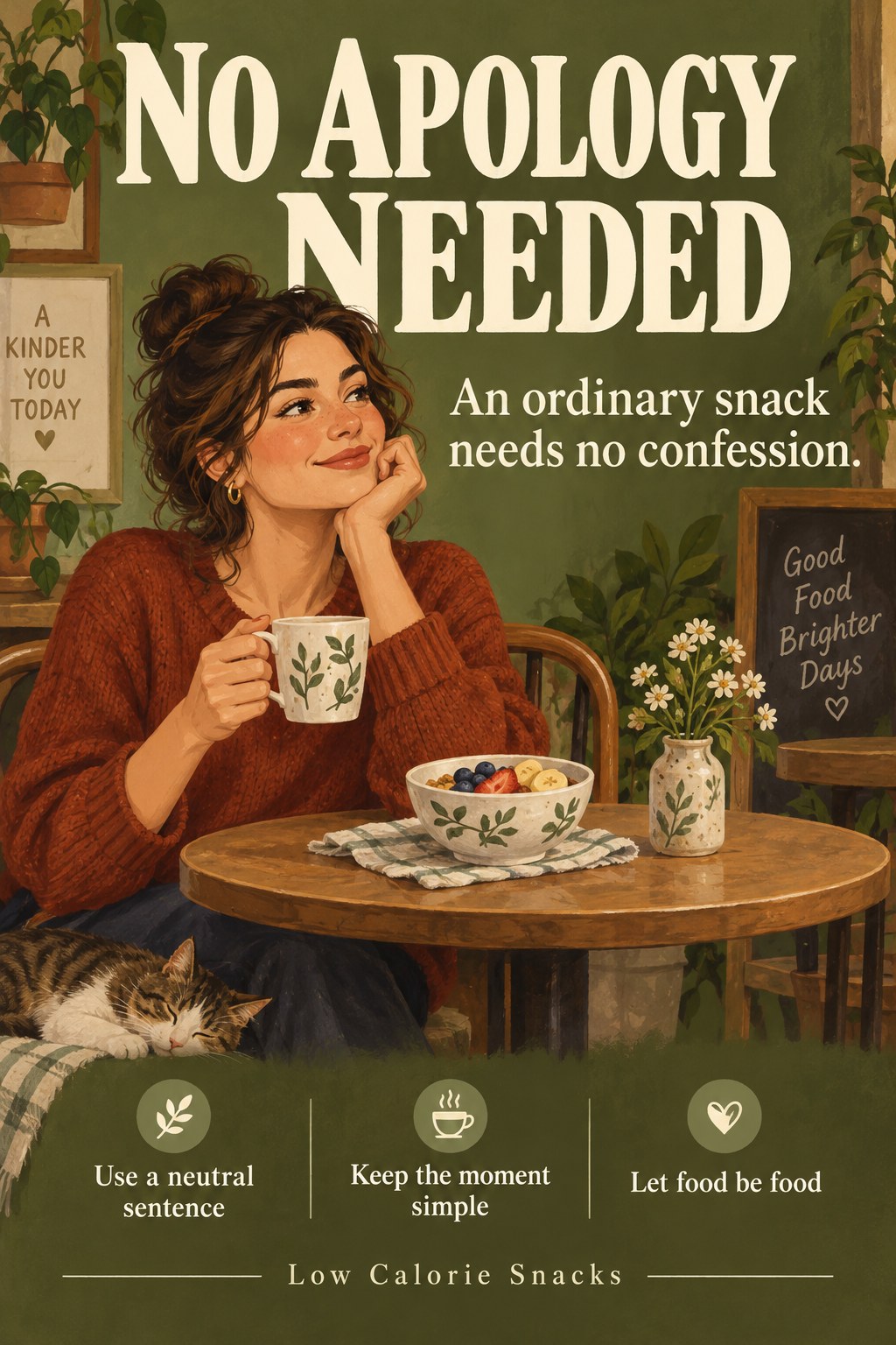 Warm illustration of a person seated with a snack and tea under a message that no apology is needed