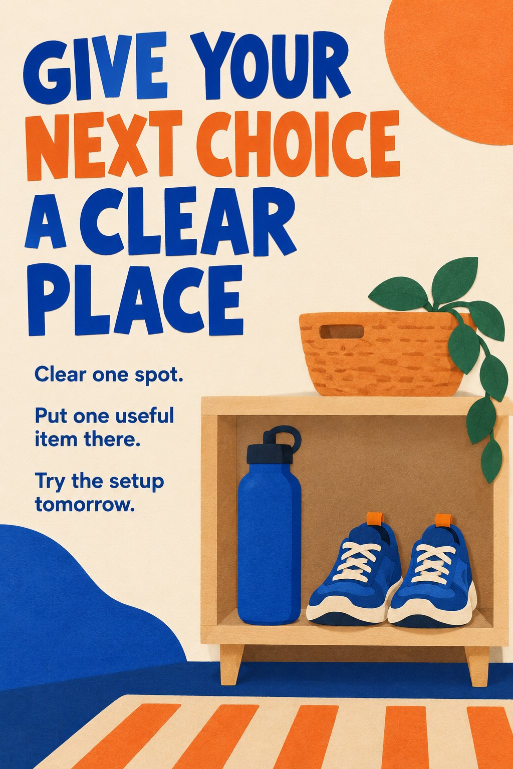 A neatly arranged shelf with a reusable water bottle, walking shoes, and a small basket.