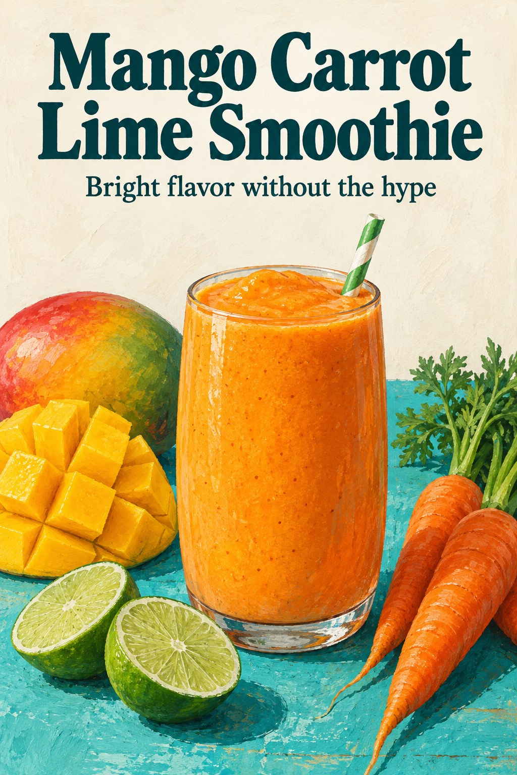 Orange mango carrot smoothie with mango pieces, carrot, and lime beside it.