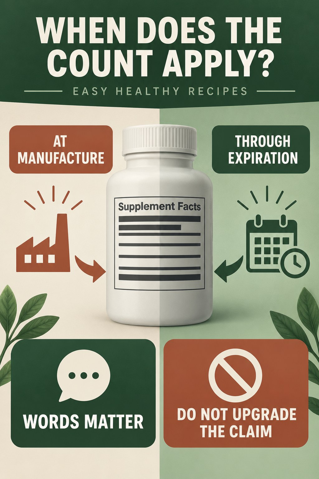 Manufacture Count Versus Shelf-Life Count infographic for Easy Healthy Recipes with four concise probiotic-label reading points.