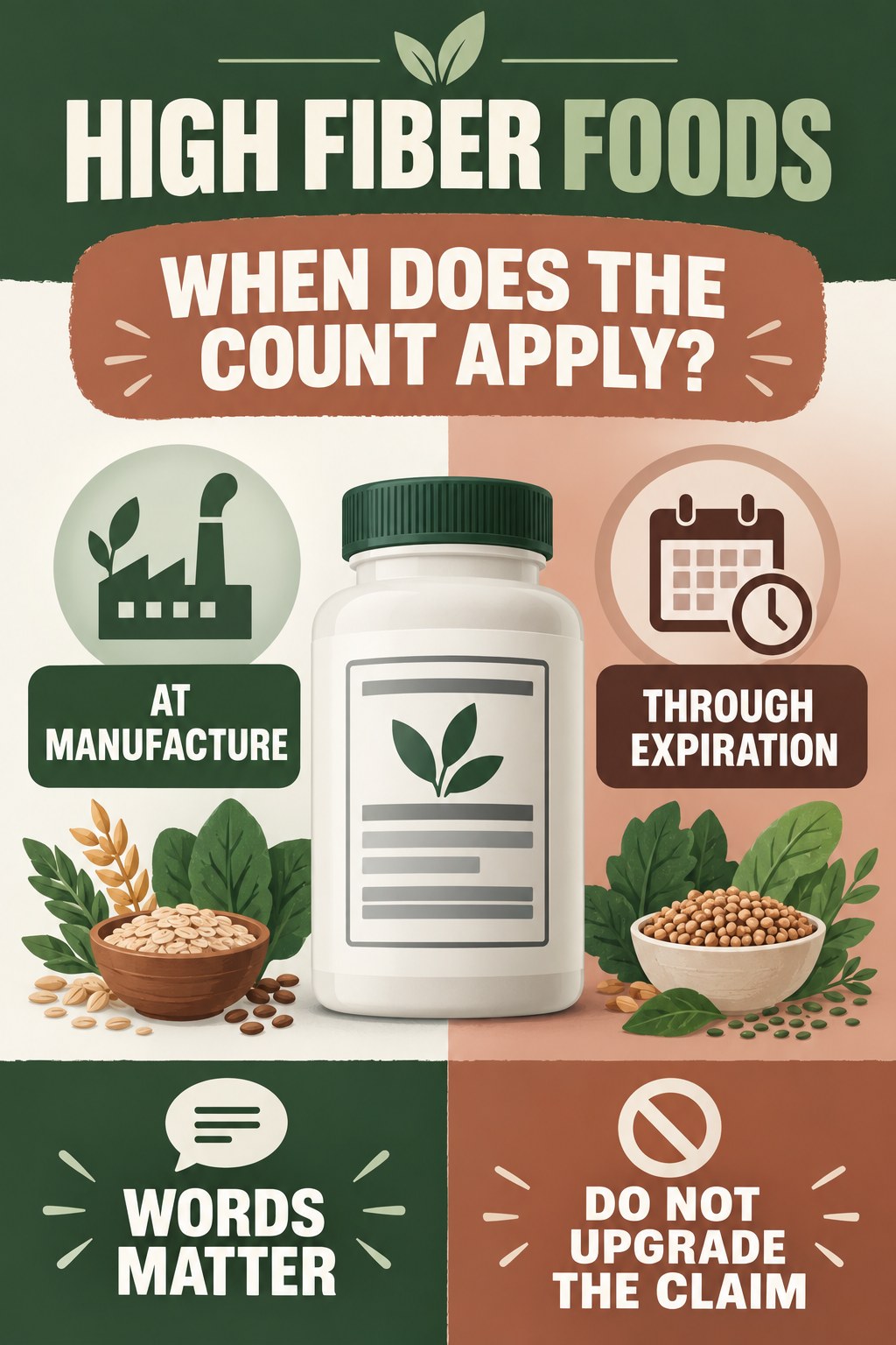 Manufacture Count Versus Shelf-Life Count infographic for High Fiber Foods with four concise probiotic-label reading points.