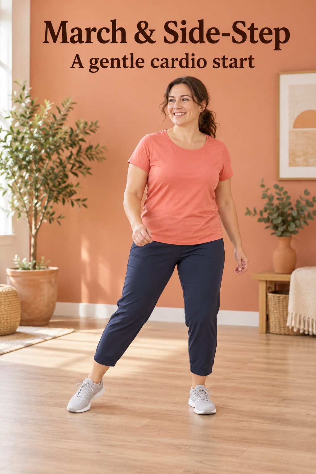 Adult in comfortable exercise clothing taking a small side step in a clear room