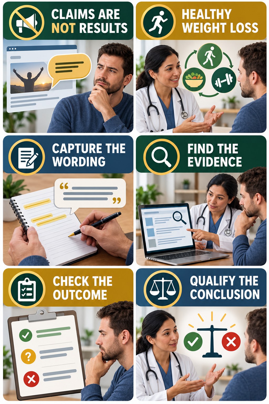 Marketing Language Is Not Outcome Evidence evidence-literacy infographic for Healthy Weight Loss with four concise claim-evaluation checks.