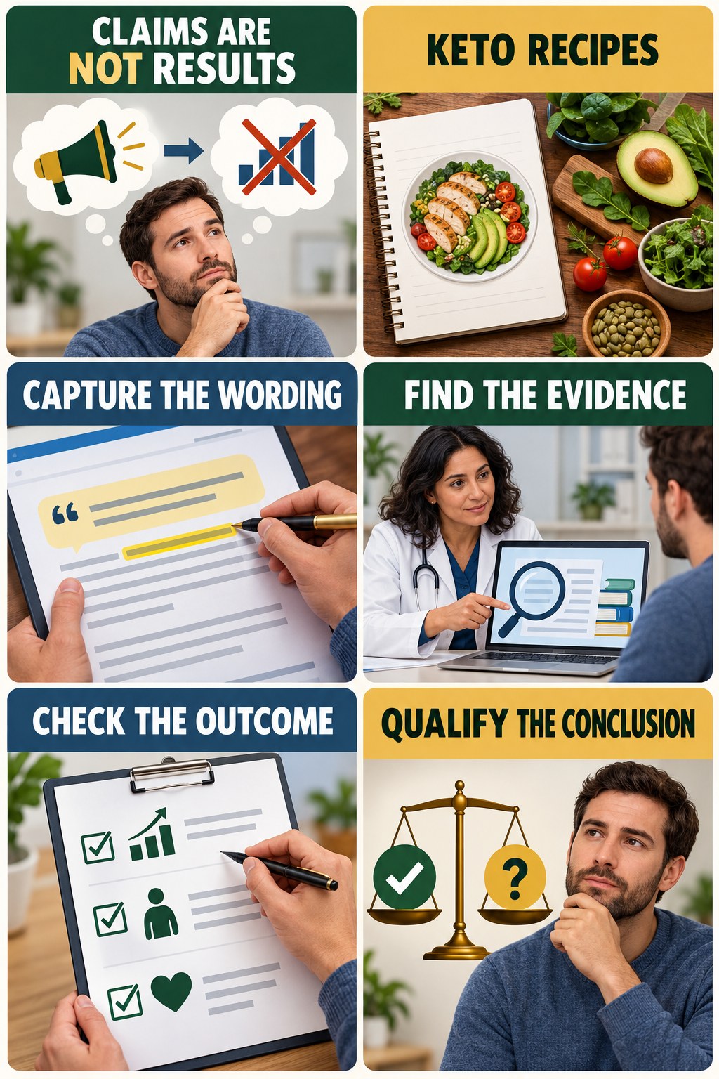 Marketing Language Is Not Outcome Evidence evidence-literacy infographic for Keto Recipes with four concise claim-evaluation checks.