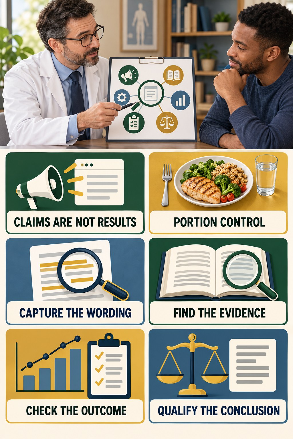 Marketing Language Is Not Outcome Evidence evidence-literacy infographic for Portion Control with four concise claim-evaluation checks.