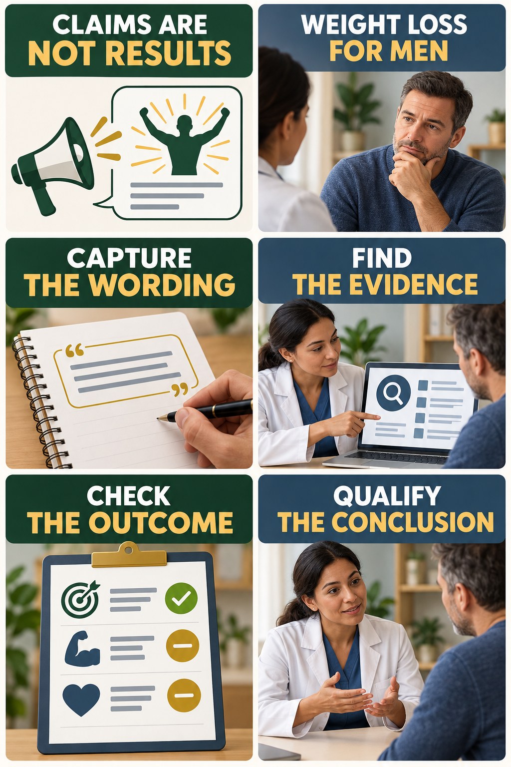 Marketing Language Is Not Outcome Evidence evidence-literacy infographic for Weight Loss for Men with four concise claim-evaluation checks.