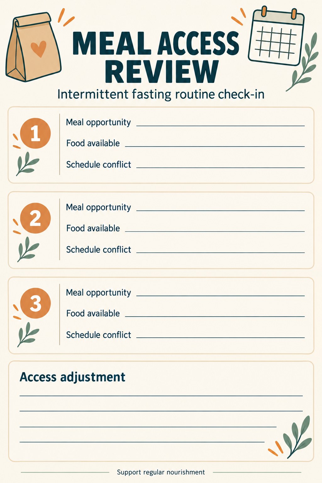 Blank meal access review with three cards for food available, schedule conflicts, and access adjustments.