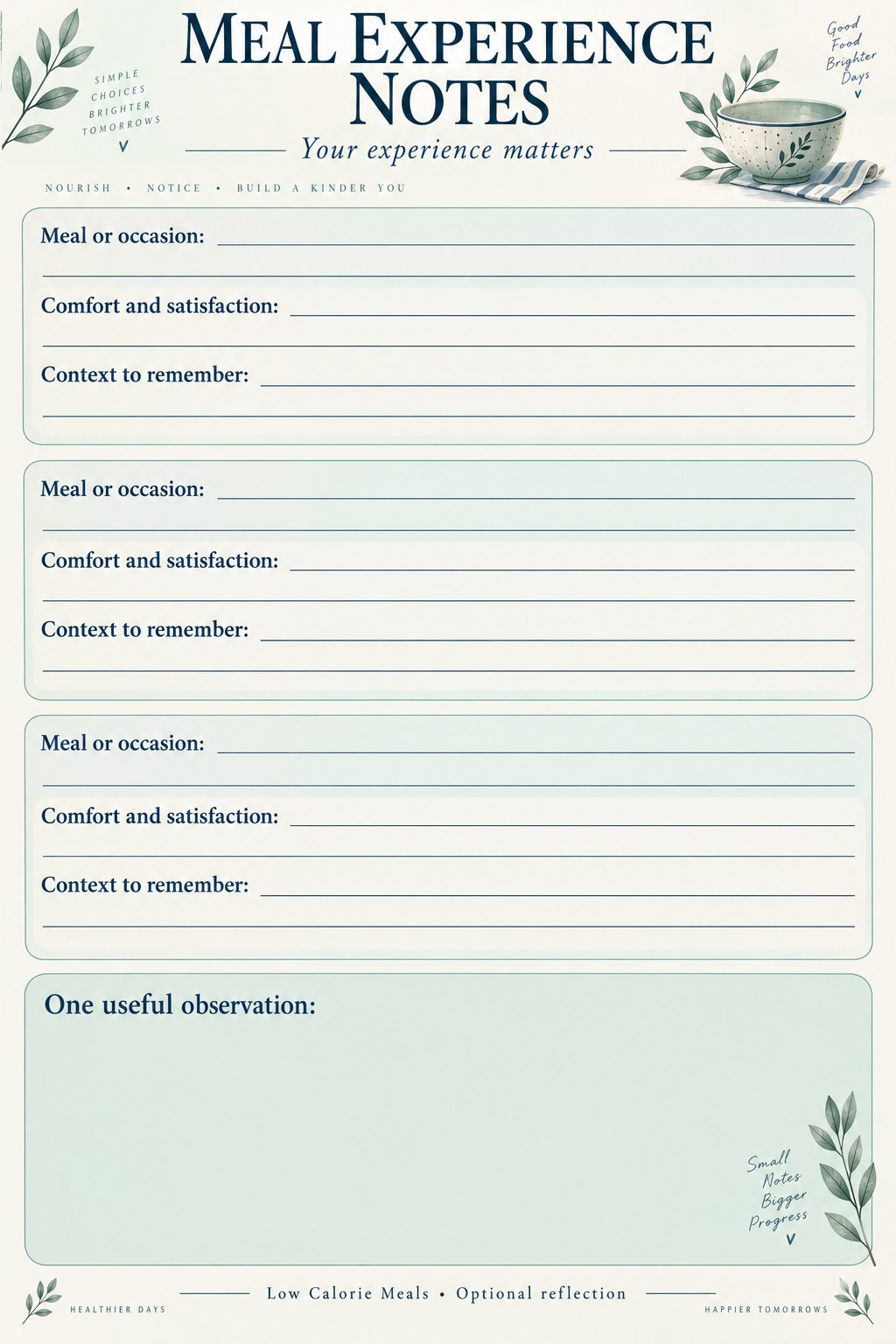 Three blank meal observation strips with fields for occasion, experience, and context