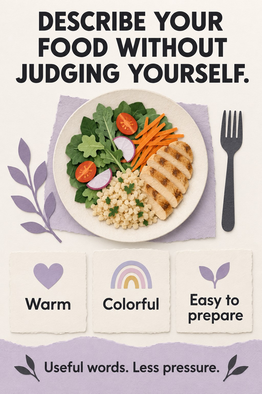 A minimalist illustrated meal plate beside three cards reading warm, colorful, and easy to prepare.