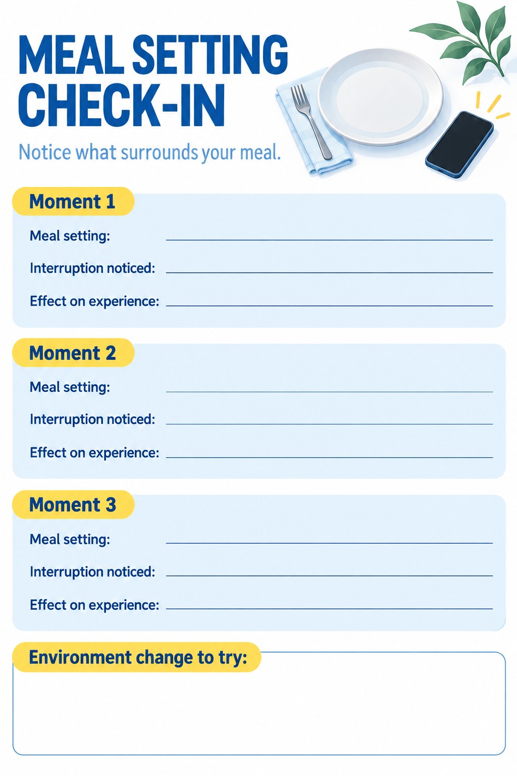 Blank meal setting tracker with three observation rows and an environment change field.