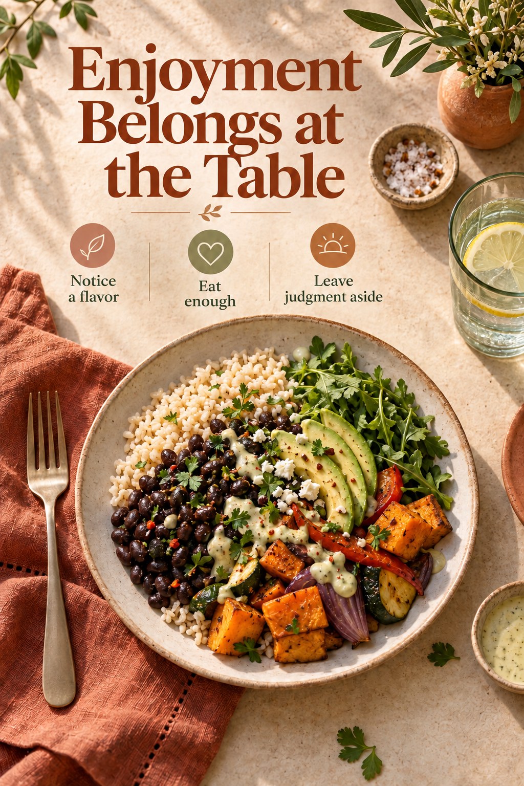 A colorful rice, bean, and vegetable lunch with the words Enjoy Your Meal and gentle mindful eating prompts.