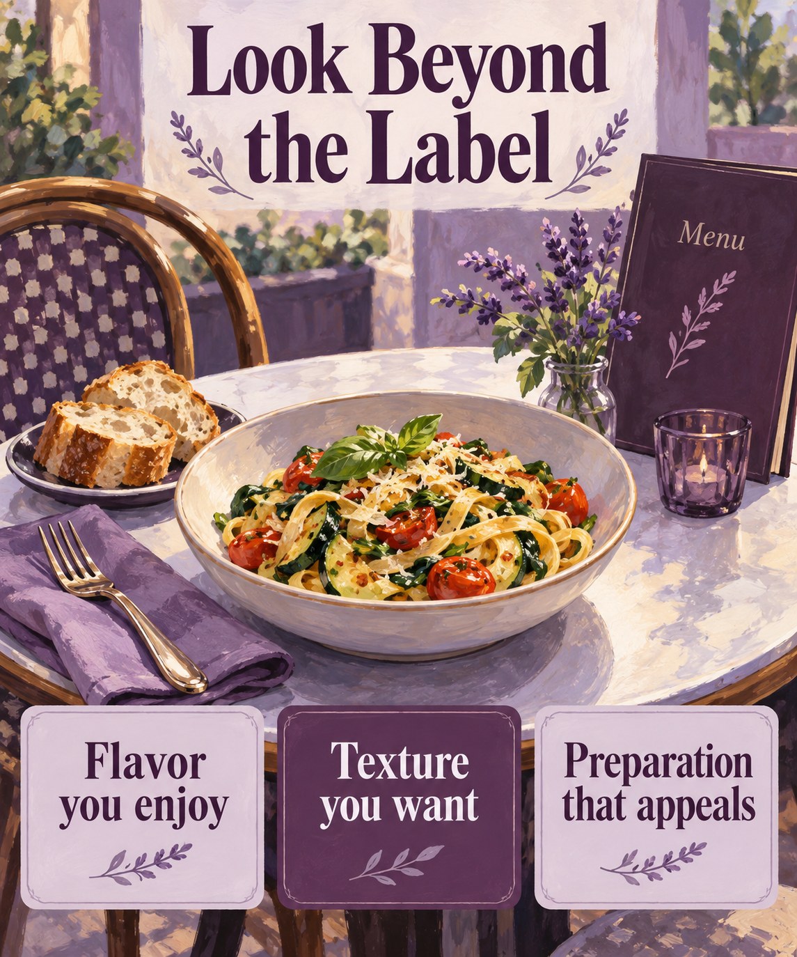 Illustrated cafe menu beside a meal with the headline Look Beyond the Label and flavor, texture, and preparation prompts.
