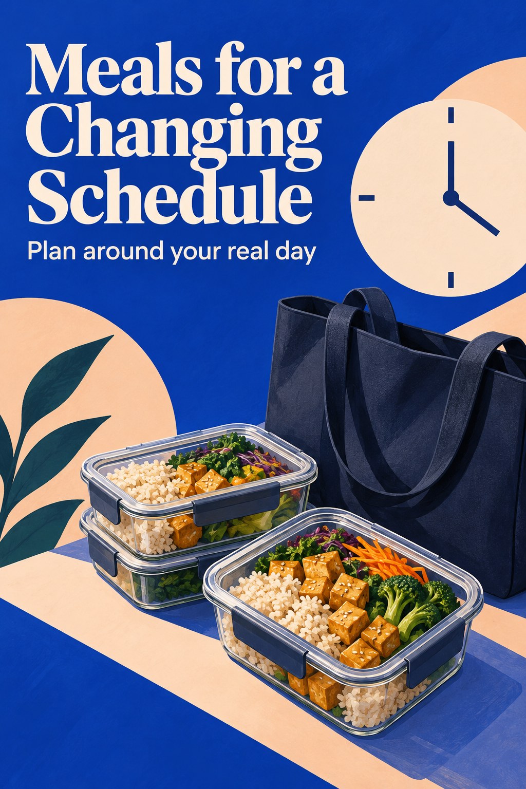 Illustrated meal containers beside a work bag and a simple clock with no numbers.