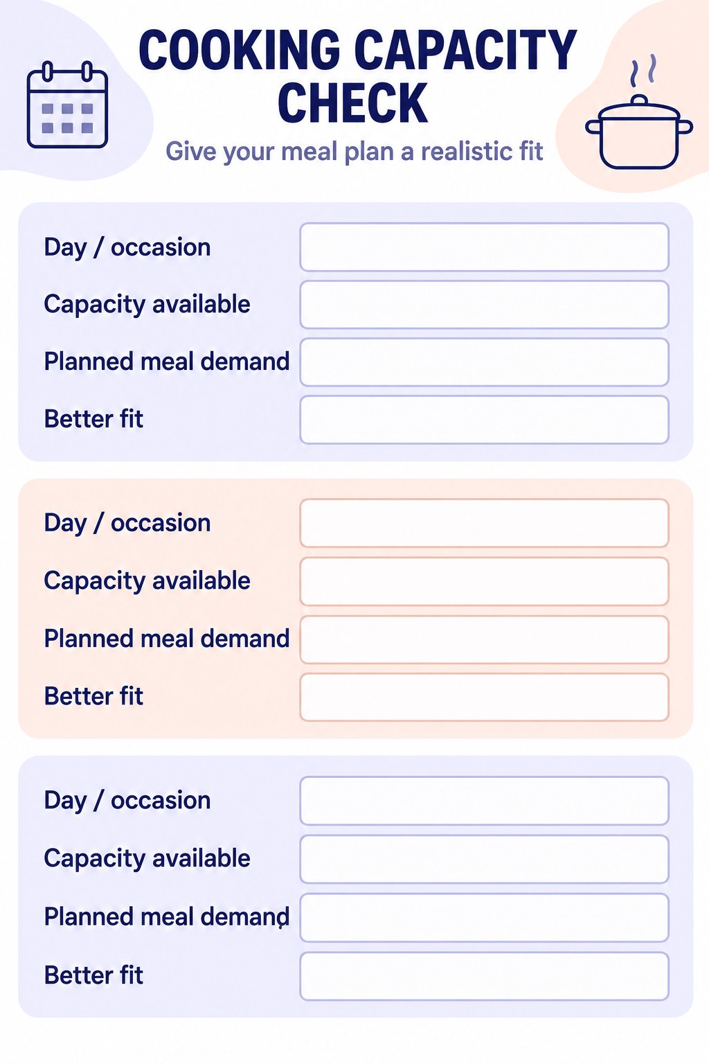 Blank meal plan capacity cards for day circumstances, cooking capacity, planned demand, and better fit.