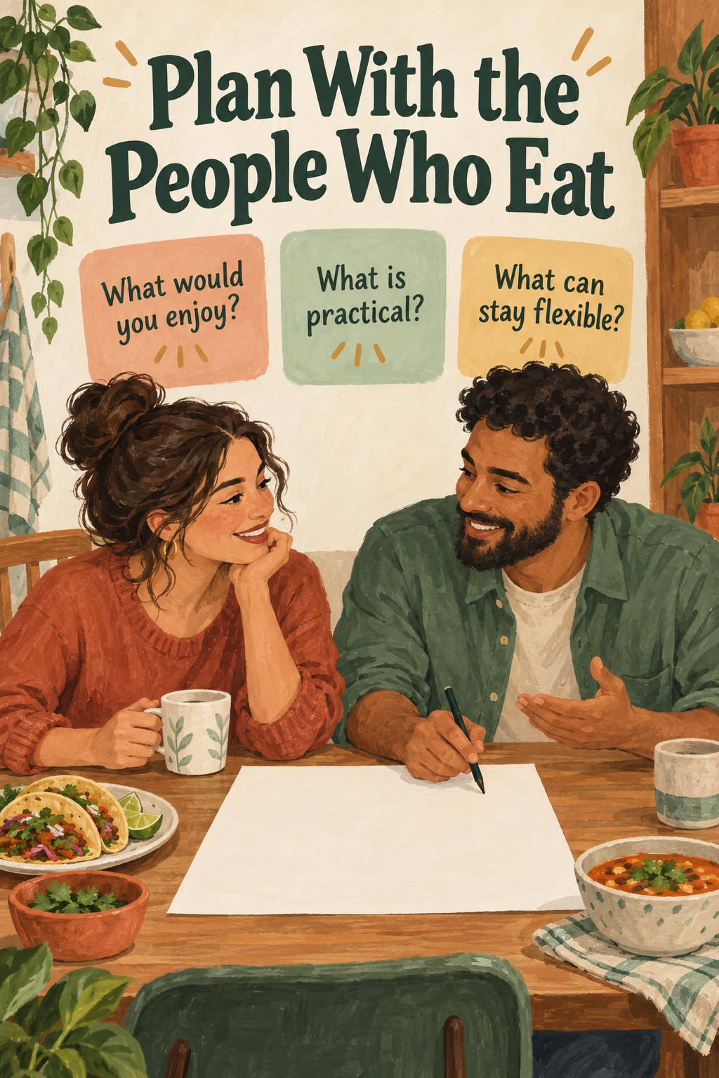 Illustrated household planning meals with taco and soup dishes, alongside three questions about preferences and practical needs.