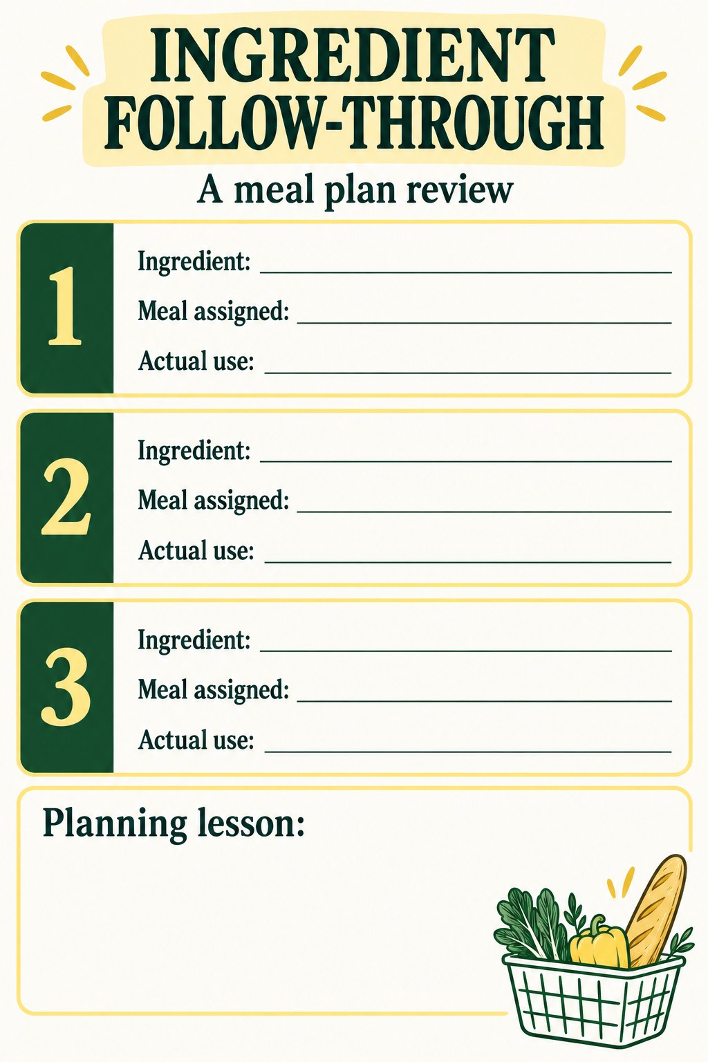 Three blank ingredient pathway rows for ingredient, planned meal, actual use, and planning lesson.