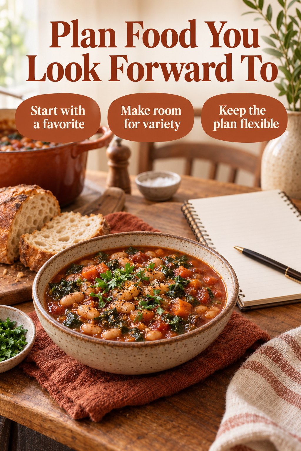 Bean stew and a simple planning notebook with the headline Plan Food You Look Forward To.