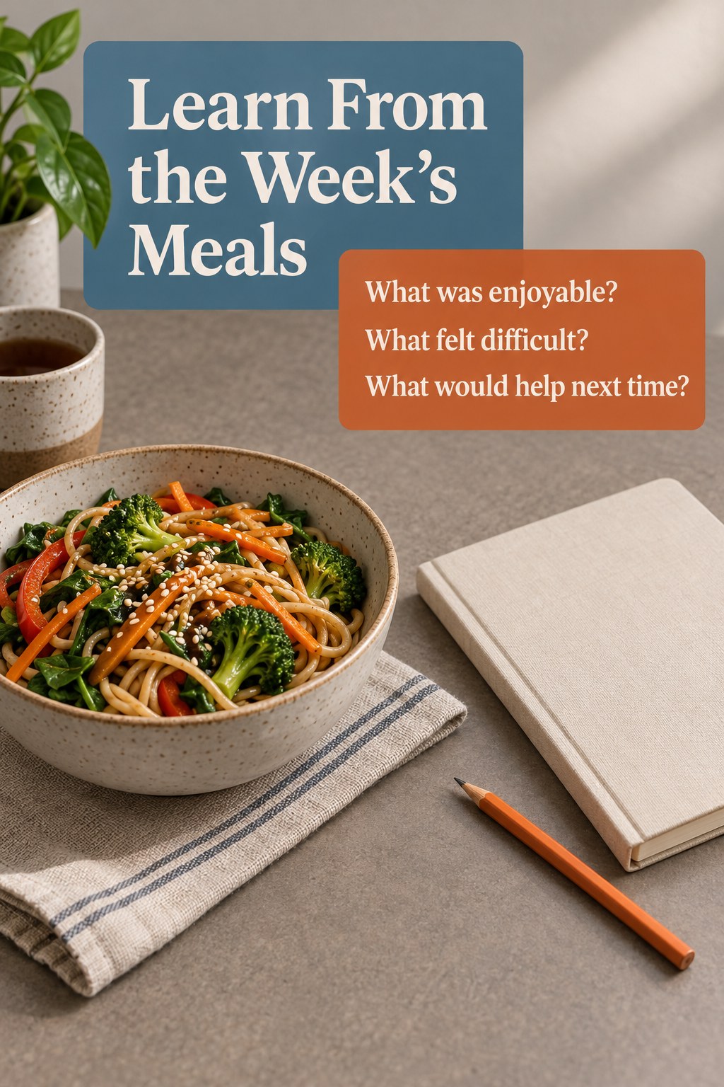 Noodle dinner and a simple blank planning notebook beside a graphic about learning from the week's meals.