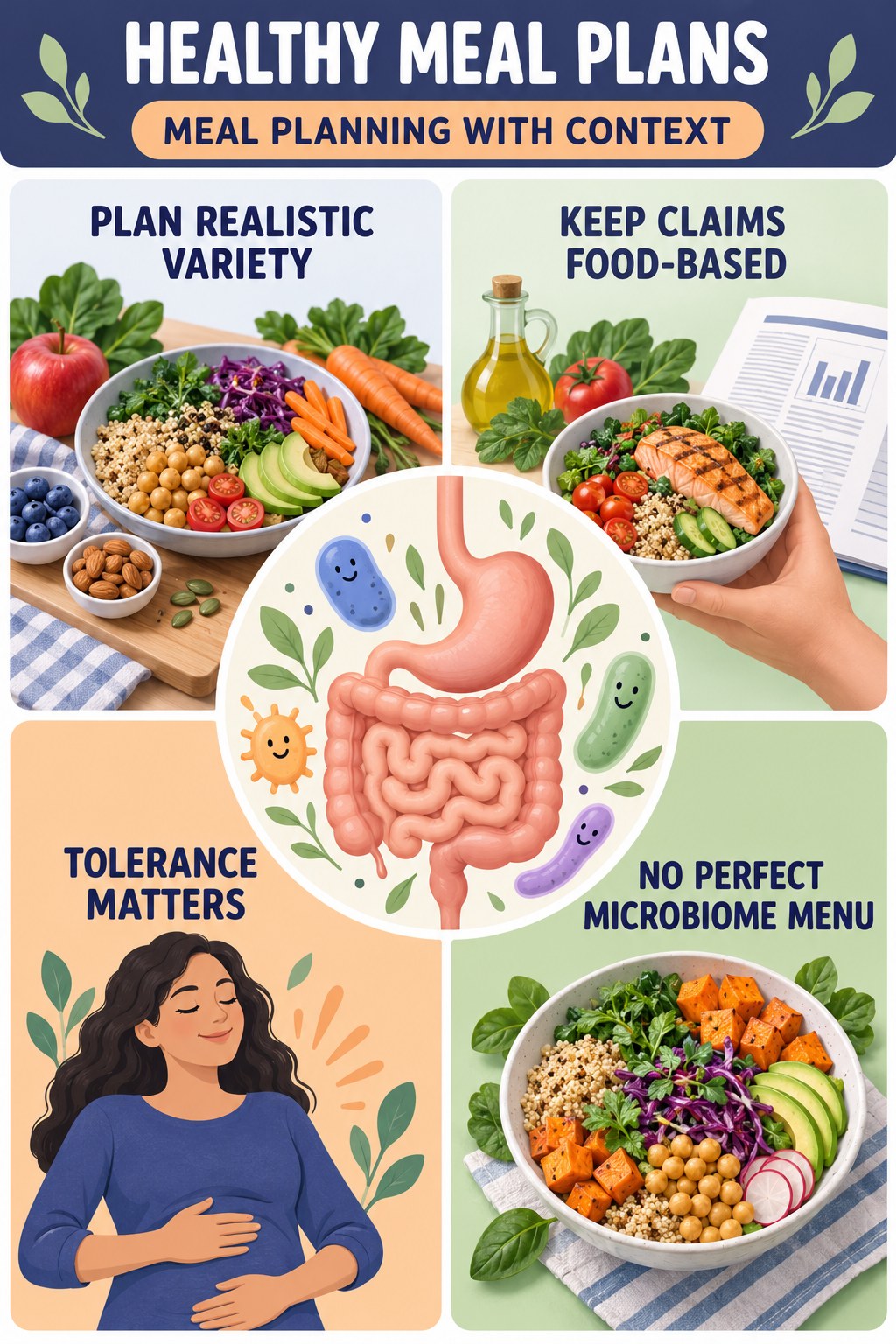 Meal Planning With Evidence Boundaries educational infographic for Healthy Meal Plans with four evidence-aware points.