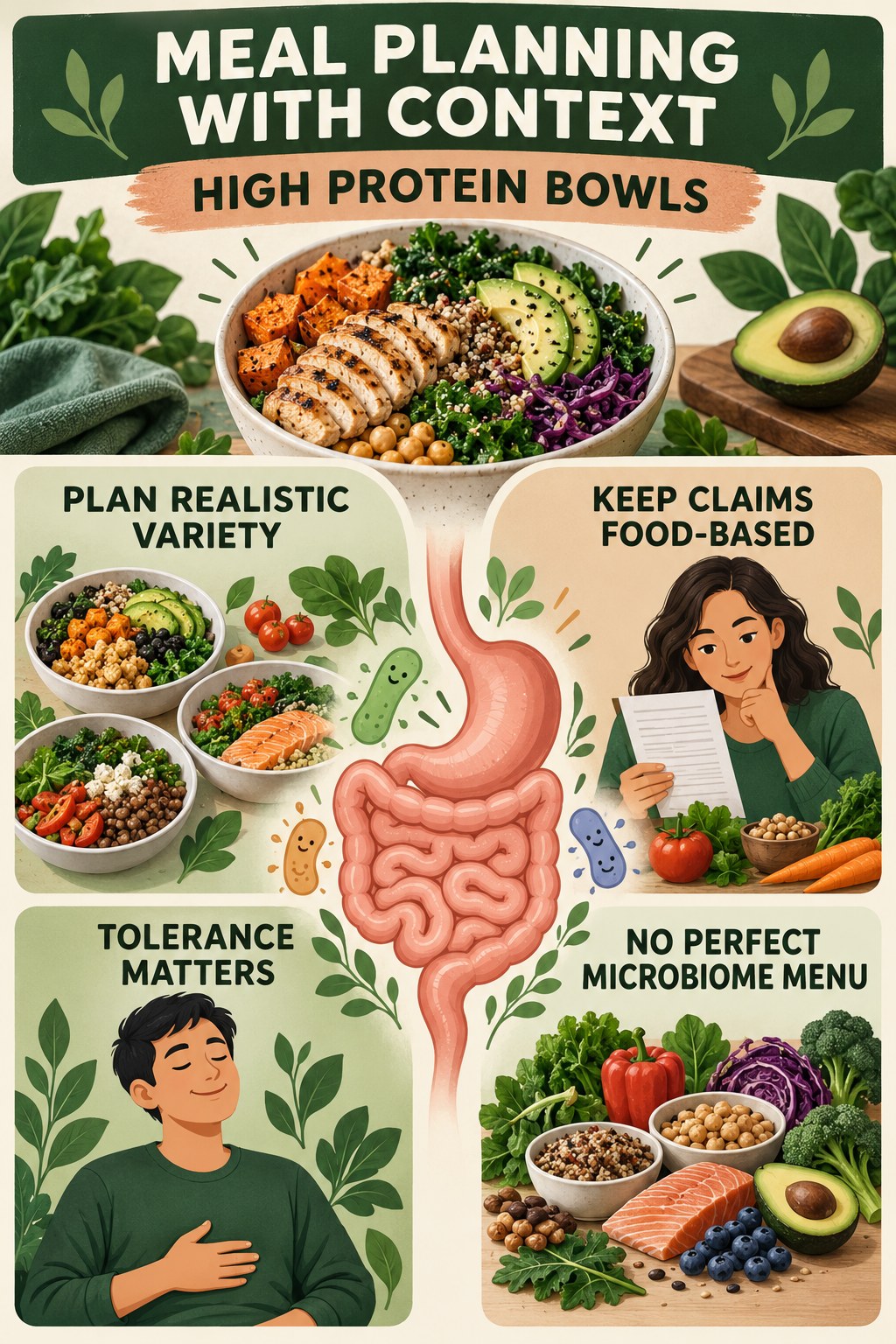 Meal Planning With Evidence Boundaries educational infographic for High Protein Bowls with four evidence-aware points.