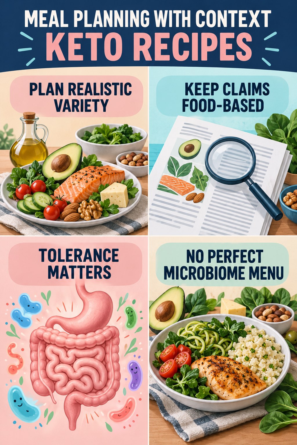 Meal Planning With Evidence Boundaries educational infographic for Keto Recipes with four evidence-aware points.