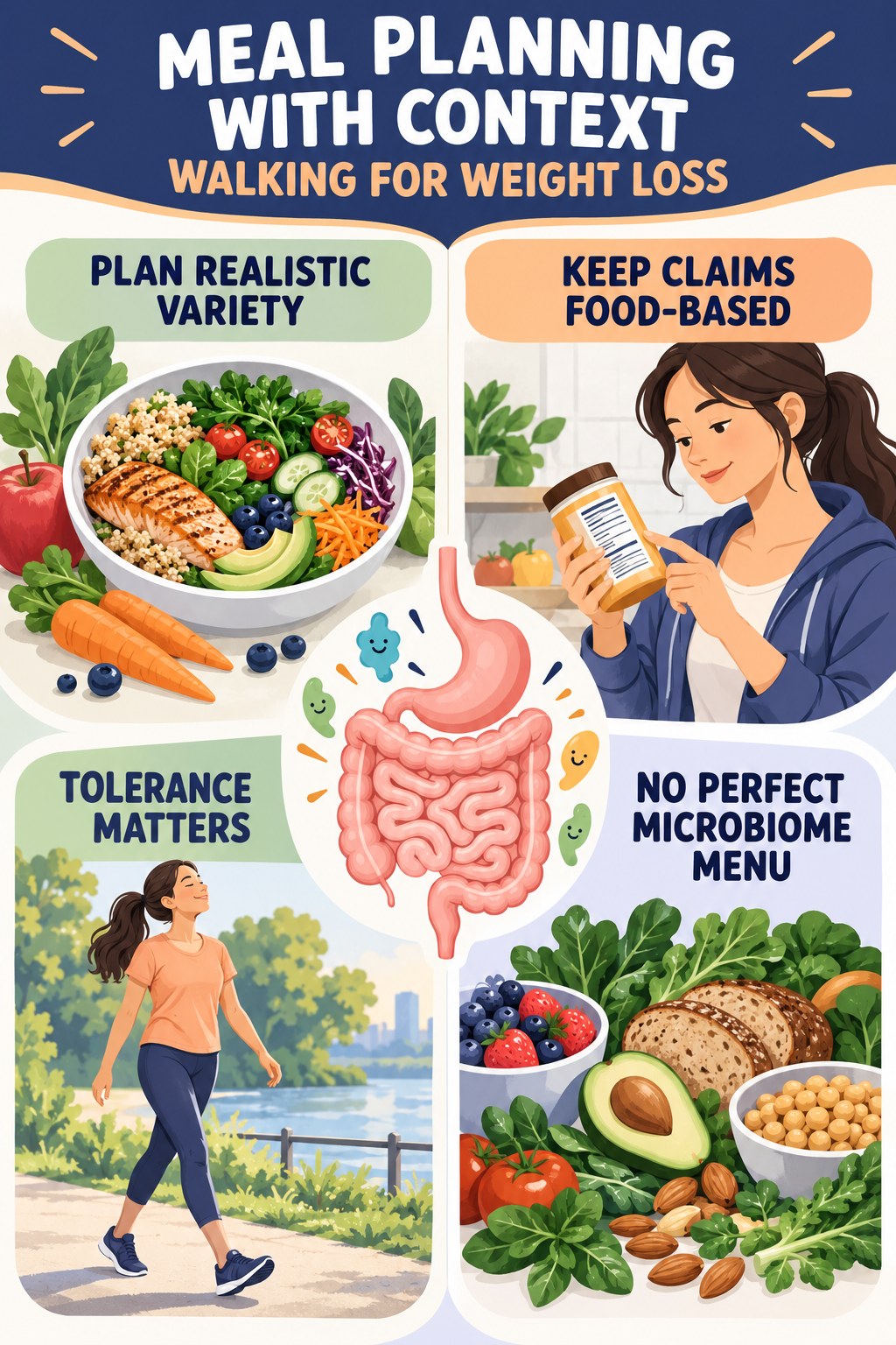 Meal Planning With Evidence Boundaries educational infographic for Walking for Weight Loss with four evidence-aware points.