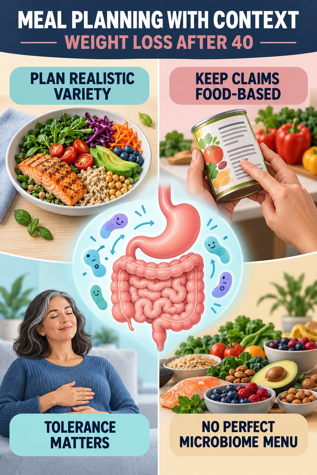 Meal Planning With Evidence Boundaries educational infographic for Weight Loss After 40 with four evidence-aware points.