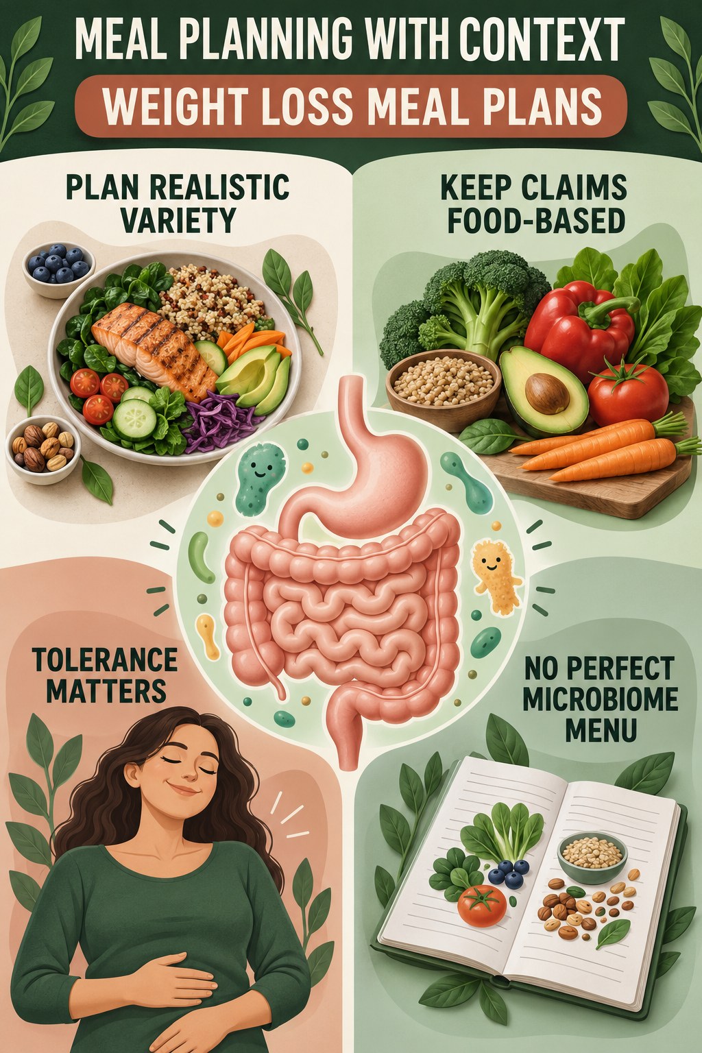 Meal Planning With Evidence Boundaries educational infographic for Weight Loss Meal Plans with four evidence-aware points.