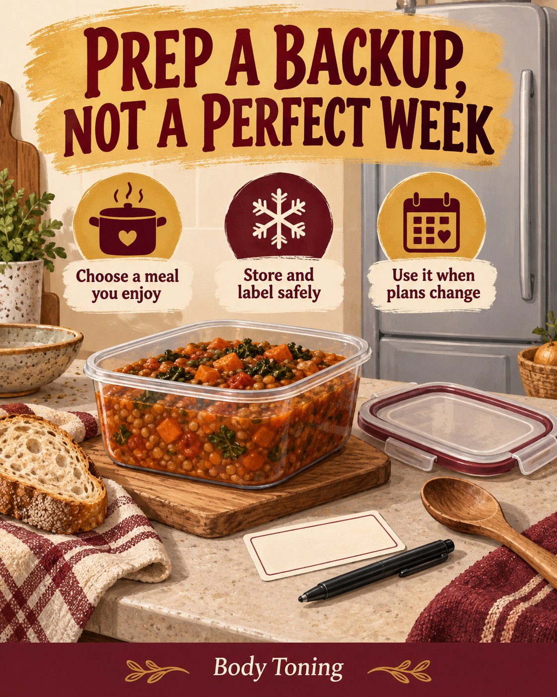 A covered lentil and vegetable stew container with bread and a small blank date label ready for storage.