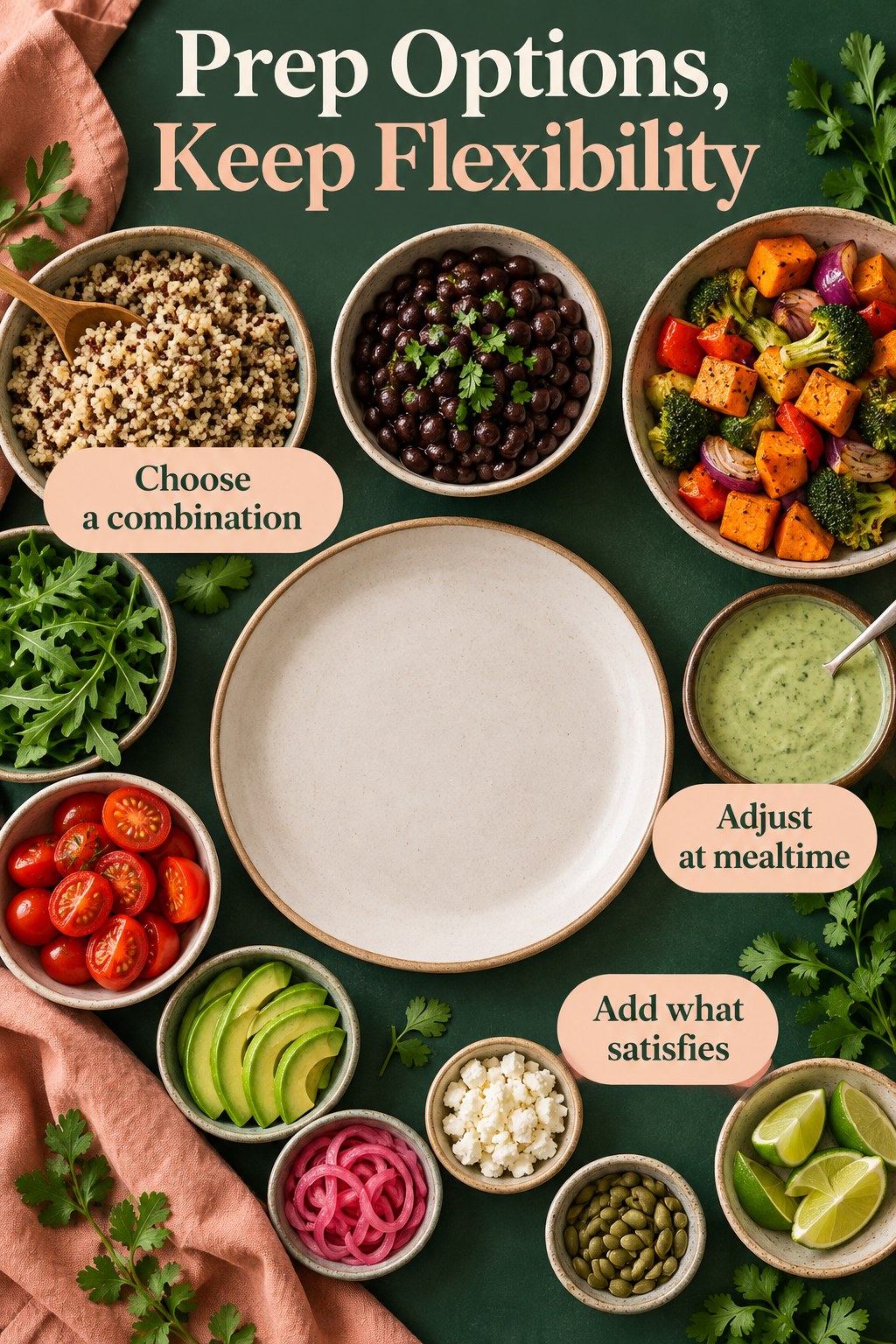 Prepared grains, beans, vegetables, and sauce in separate containers with the headline Prep Options, Keep Flexibility.