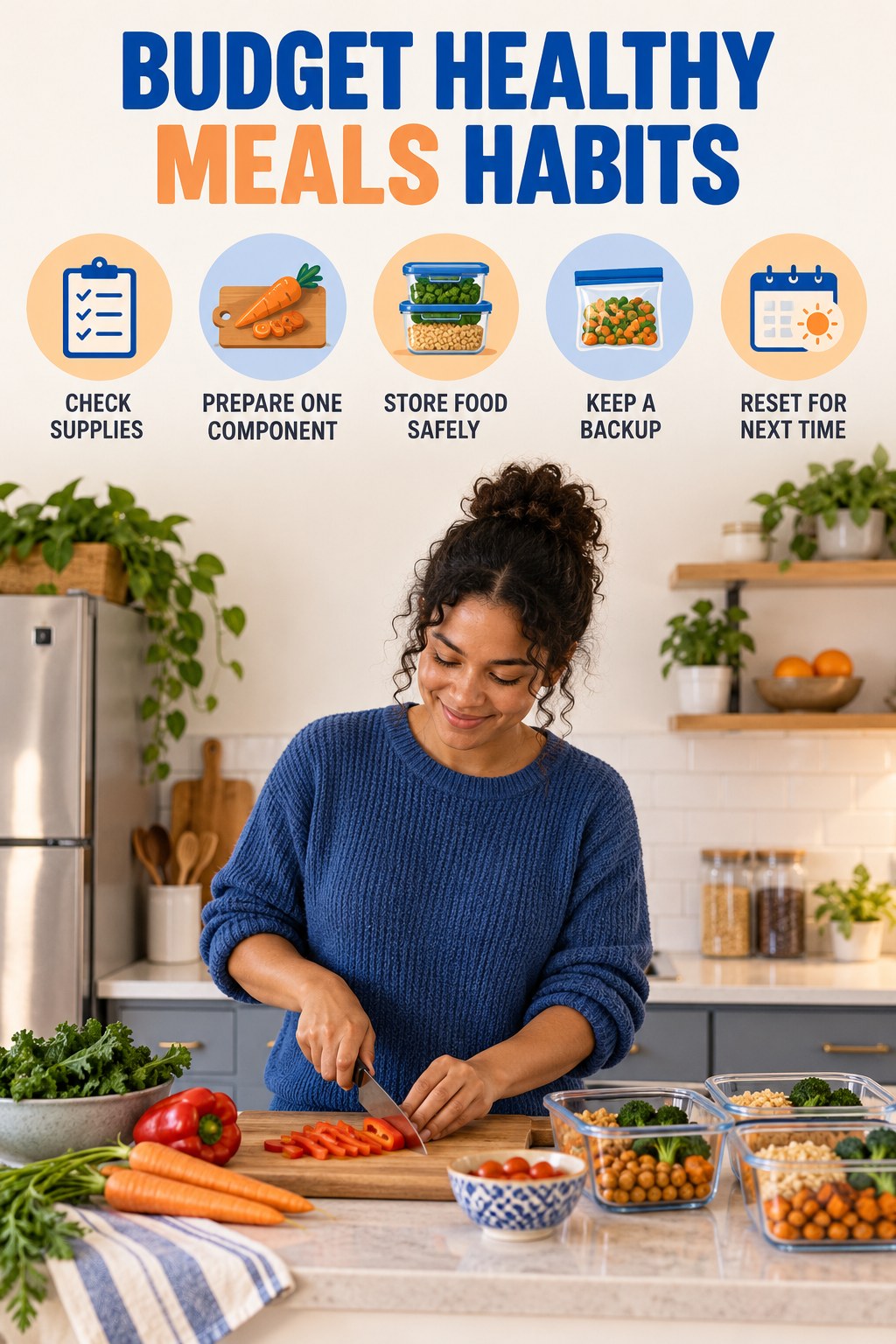 Meal Prep Consistency Habits for Budget Healthy Meals with five readable habit cues and a realistic board-relevant wellness scene.