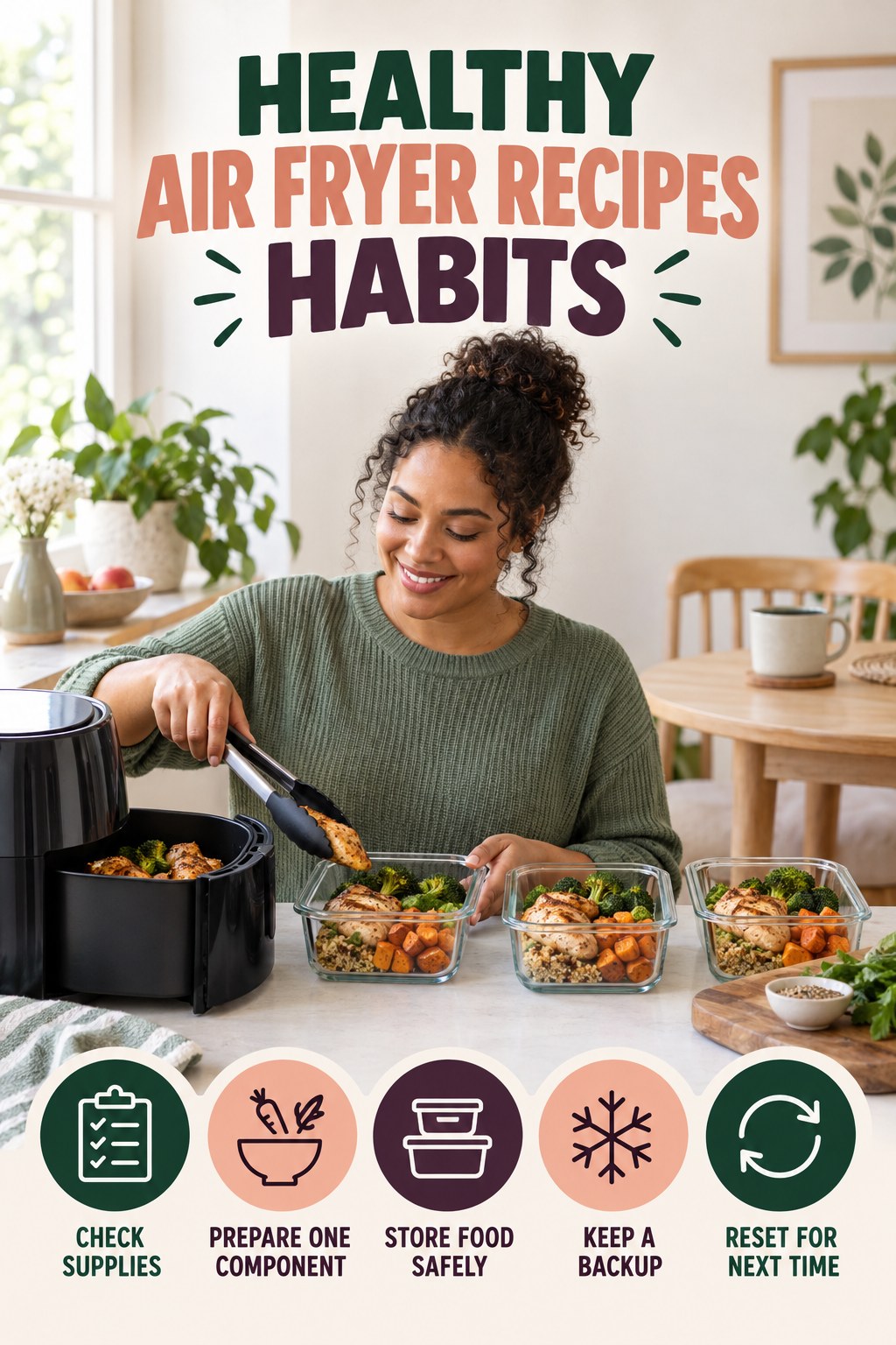 Meal Prep Consistency Habits for Healthy Air Fryer Recipes with five readable habit cues and a realistic board-relevant wellness scene.