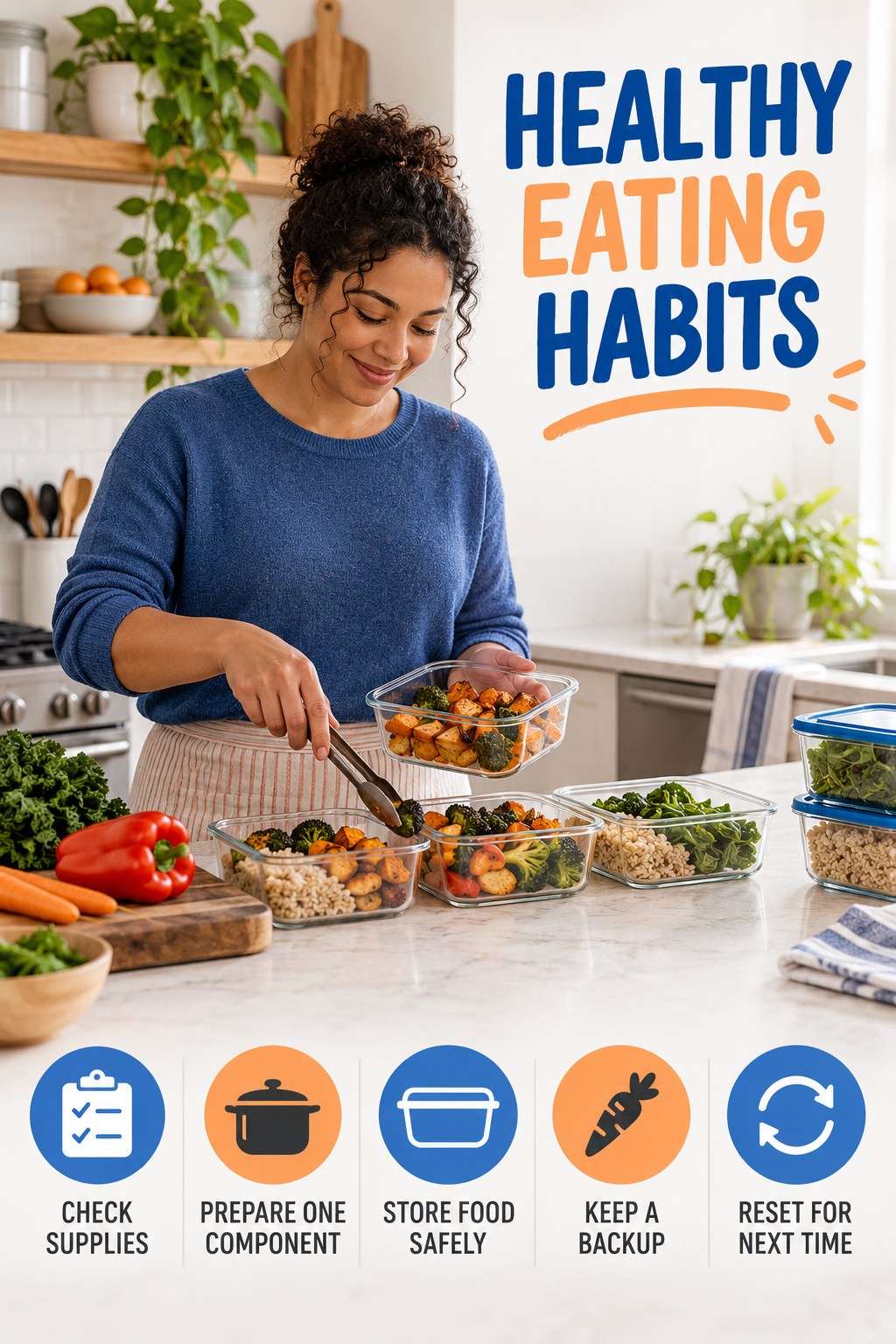 Meal Prep Consistency Habits for Healthy Eating with five readable habit cues and a realistic board-relevant wellness scene.