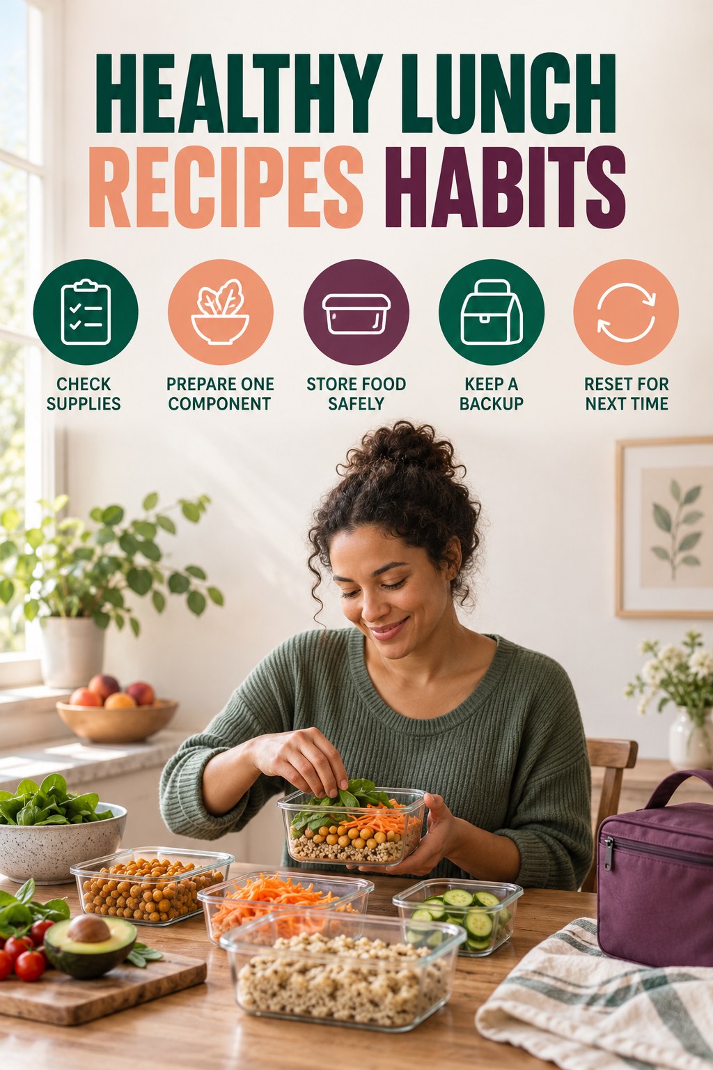 Meal Prep Consistency Habits for Healthy Lunch Recipes with five readable habit cues and a realistic board-relevant wellness scene.