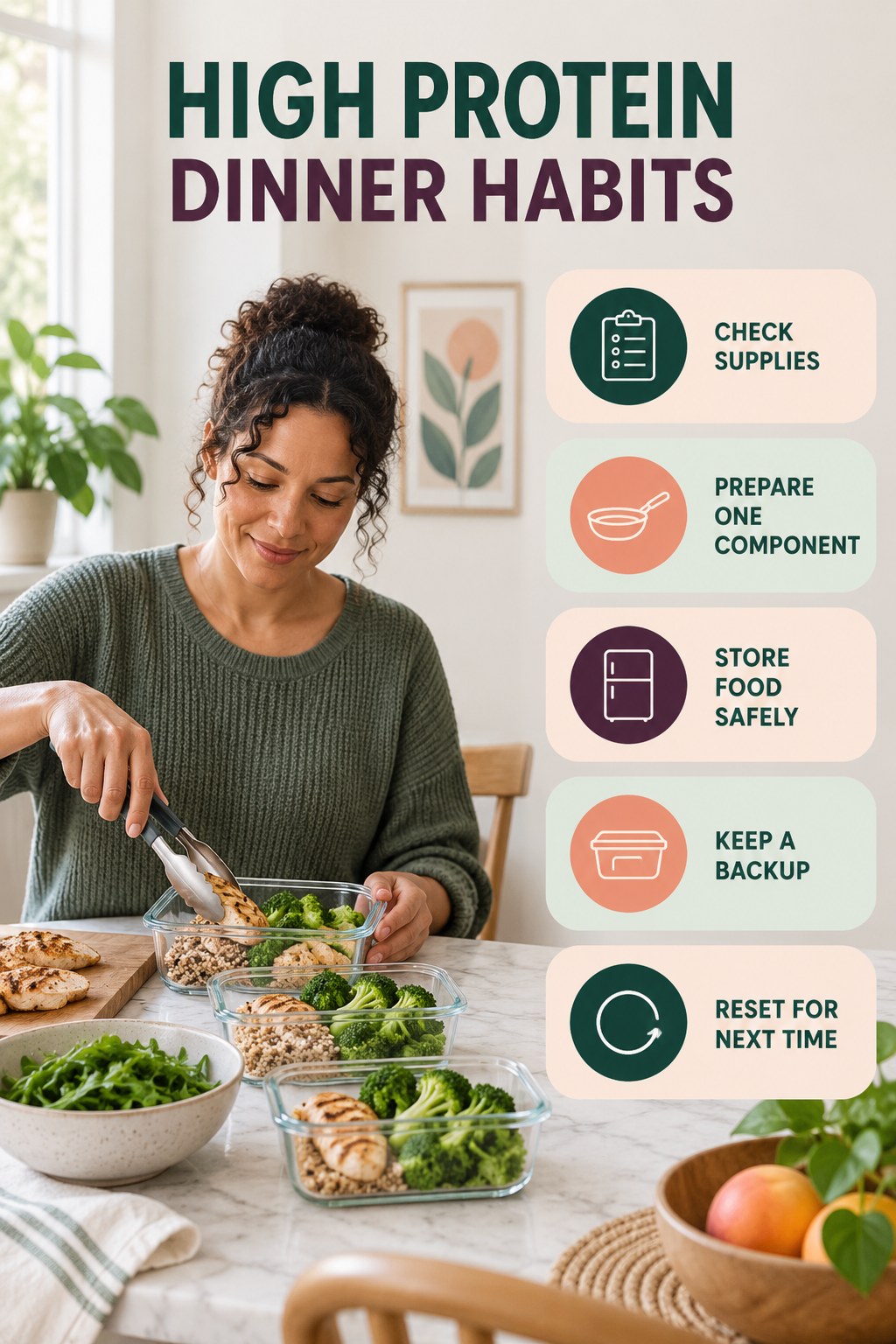 Meal Prep Consistency Habits for High Protein Dinner with five readable habit cues and a realistic board-relevant wellness scene.