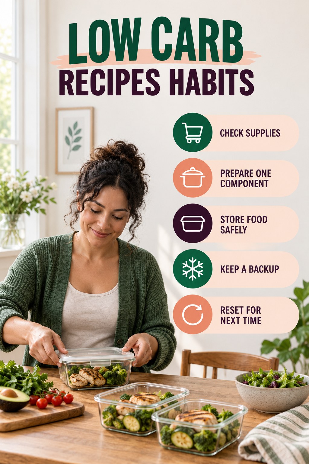 Meal Prep Consistency Habits for Low Carb Recipes with five readable habit cues and a realistic board-relevant wellness scene.