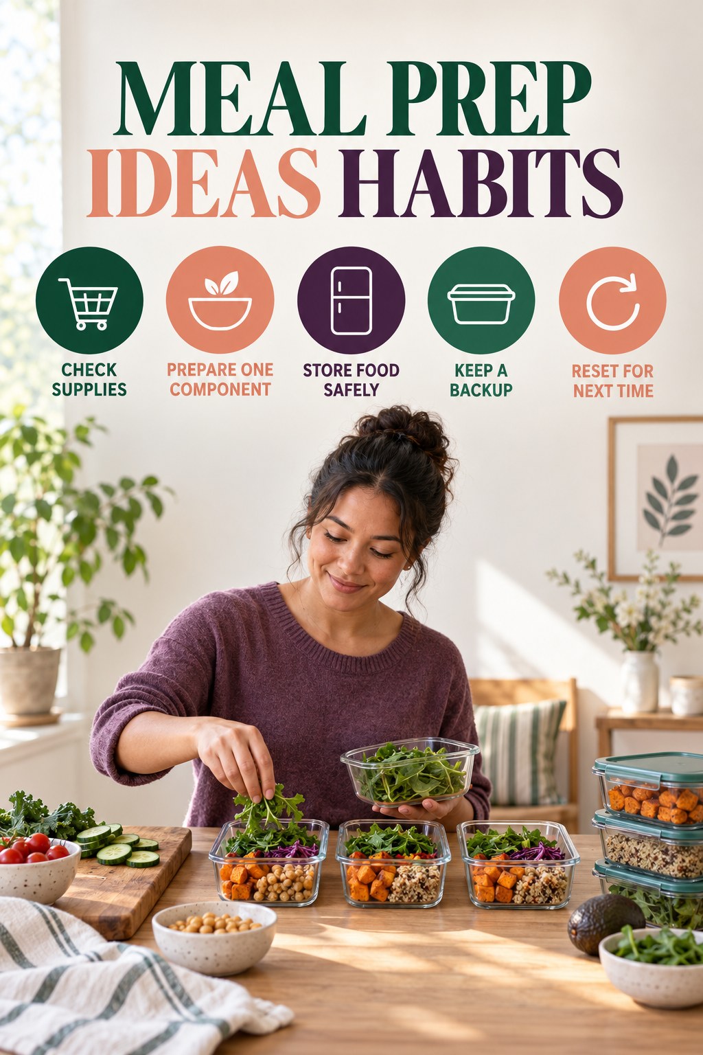 Meal Prep Consistency Habits for Meal Prep Ideas with five readable habit cues and a realistic board-relevant wellness scene.