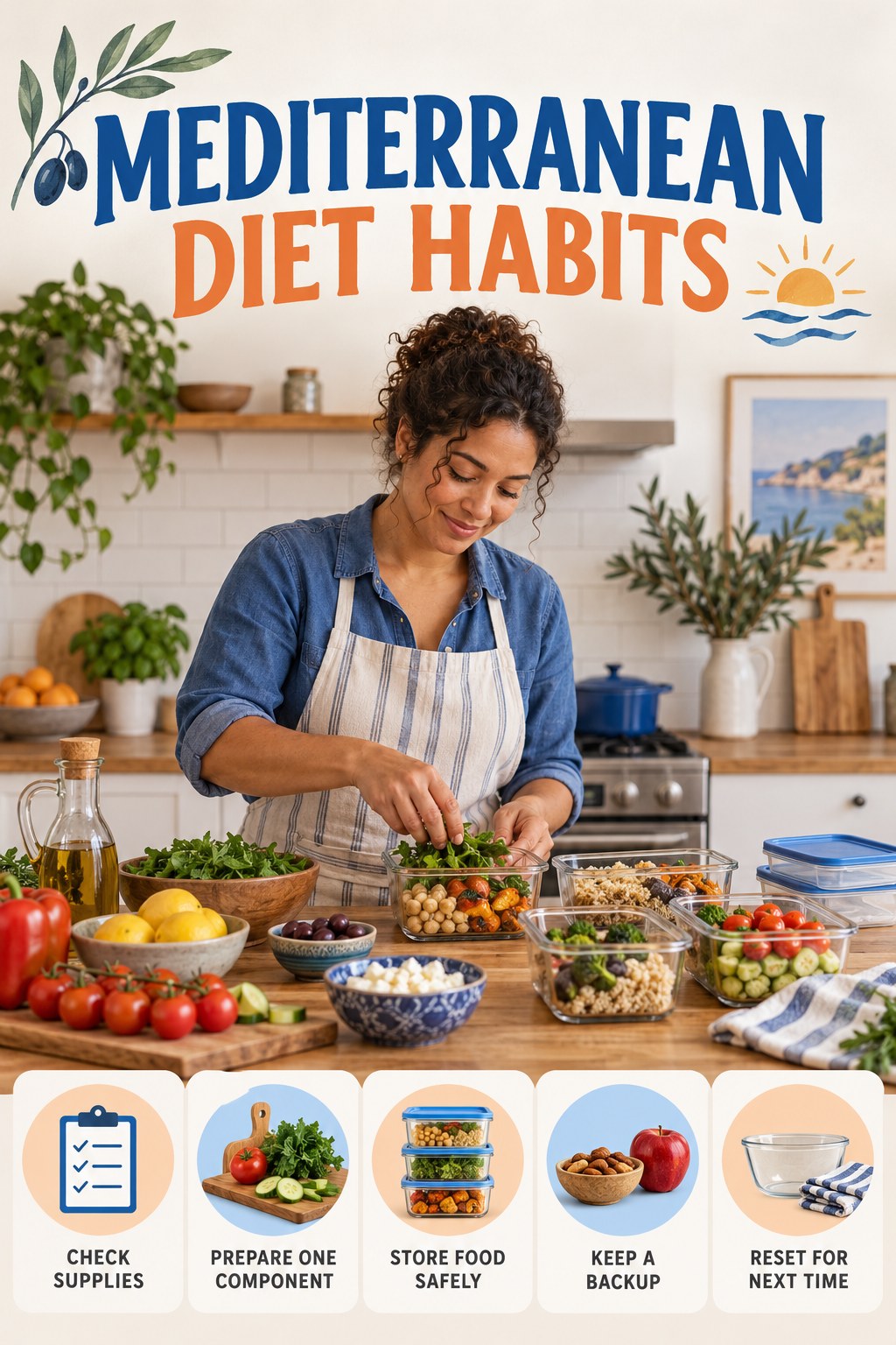 Meal Prep Consistency Habits for Mediterranean Diet with five readable habit cues and a realistic board-relevant wellness scene.