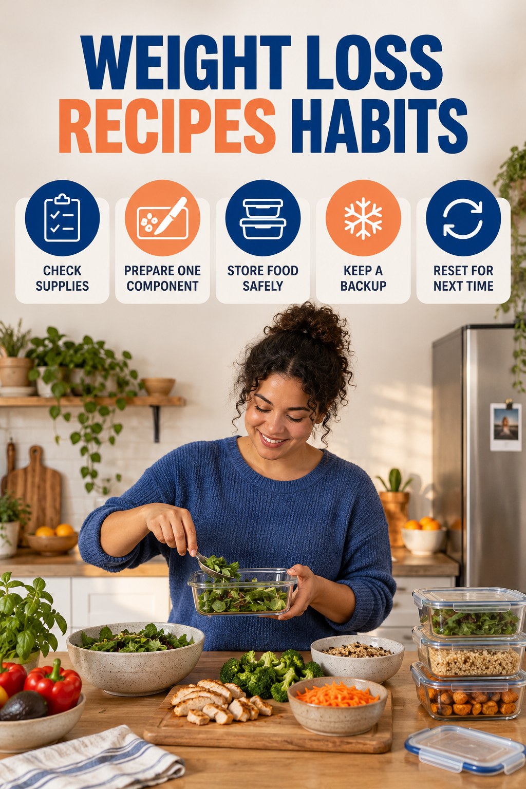 Meal Prep Consistency Habits for Weight Loss Recipes with five readable habit cues and a realistic board-relevant wellness scene.