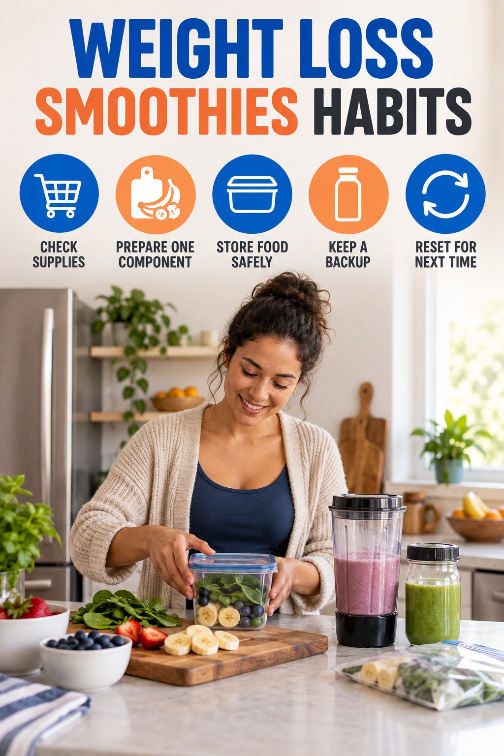 Meal Prep Consistency Habits for Weight Loss Smoothies with five readable habit cues and a realistic board-relevant wellness scene.