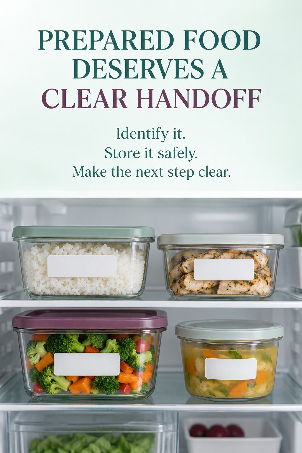Organized refrigerator shelf with meal containers and simple blank labels beneath a reminder about handing prepared food to your future self.
