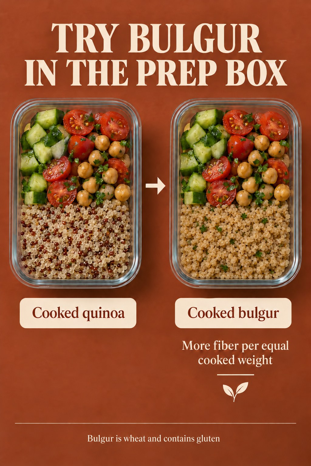 Matching vegetable and chickpea prep boxes compare cooked quinoa with cooked bulgur and an equal-weight fiber benefit.
