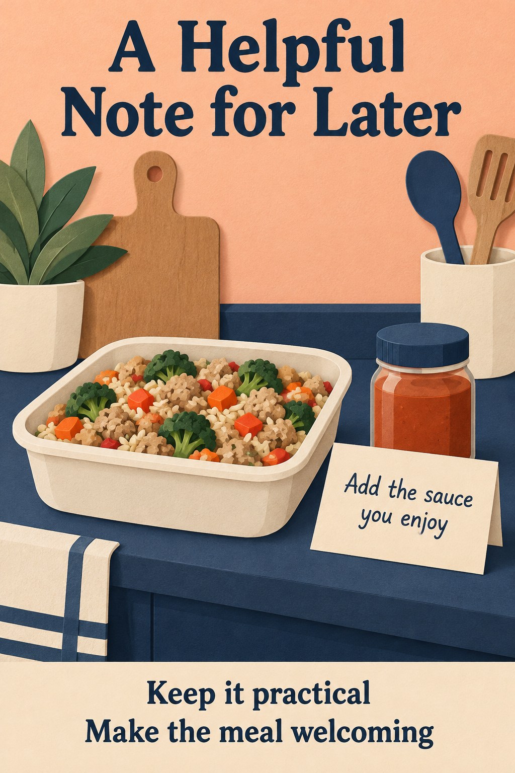 Prepared vegetable and turkey rice bake with a simple card reading Add the sauce you enjoy.