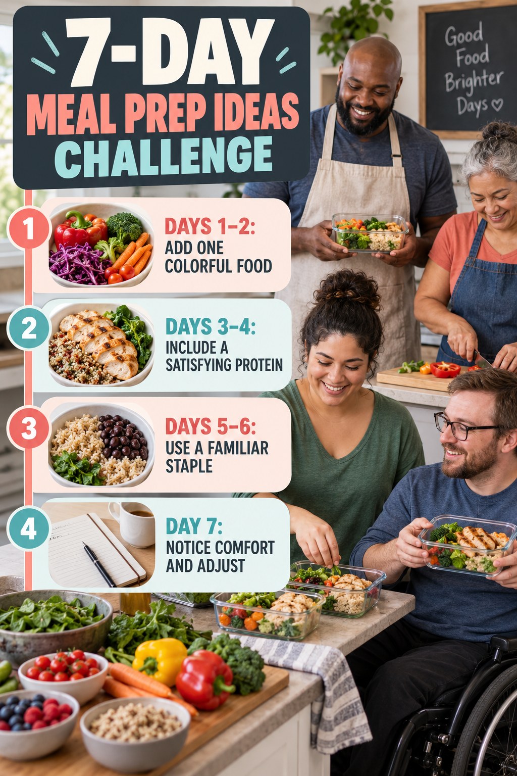 7-day Meal Prep Ideas challenge graphic showing four manageable milestones for consistent practice.